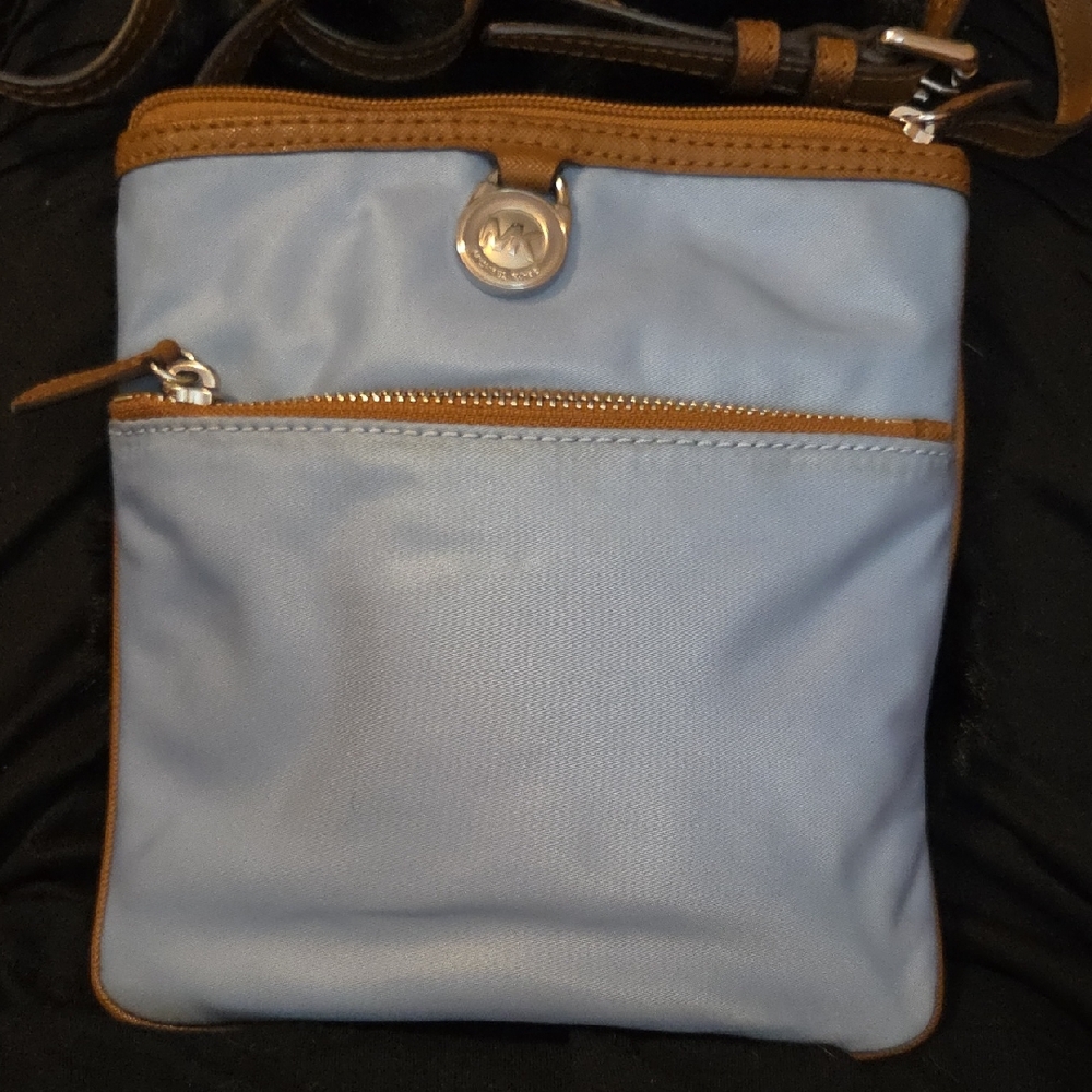 Michael Kors Blue, Tan Trim Bag With Silver Charm Crossbody